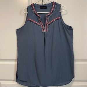 Whispers New York Women’s 0X|XL Blue Sleeveless Top with Embroidered Neckline